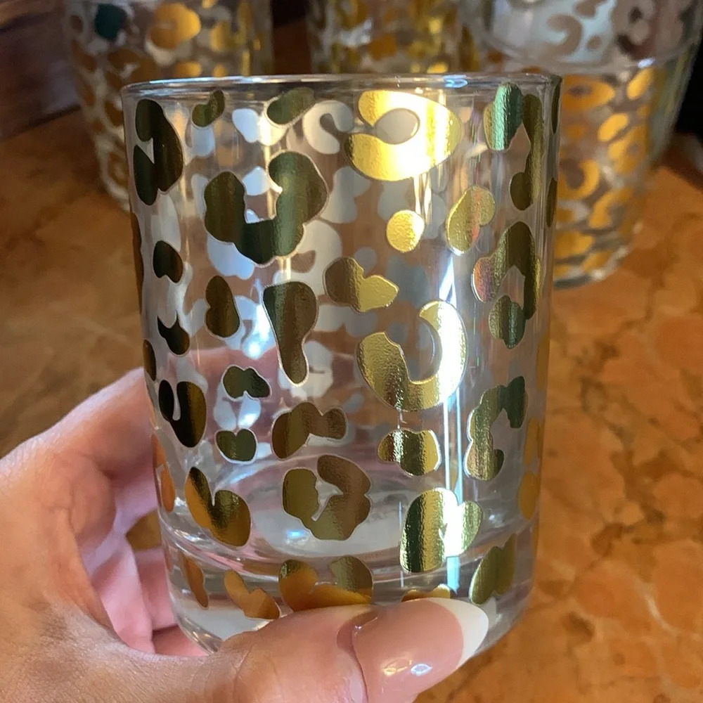 Mary Square Gold Foil Leopard 12 ounce Glass Cocktail Old Fashioned set of 4 - Picture 3 of 4